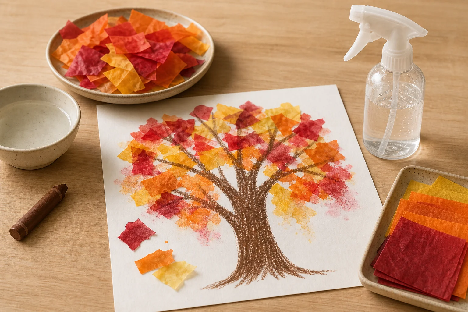 Illustration zur Lomiva-Idee „Herbstbaum mit Seidenpapier-Farbtransfer“.