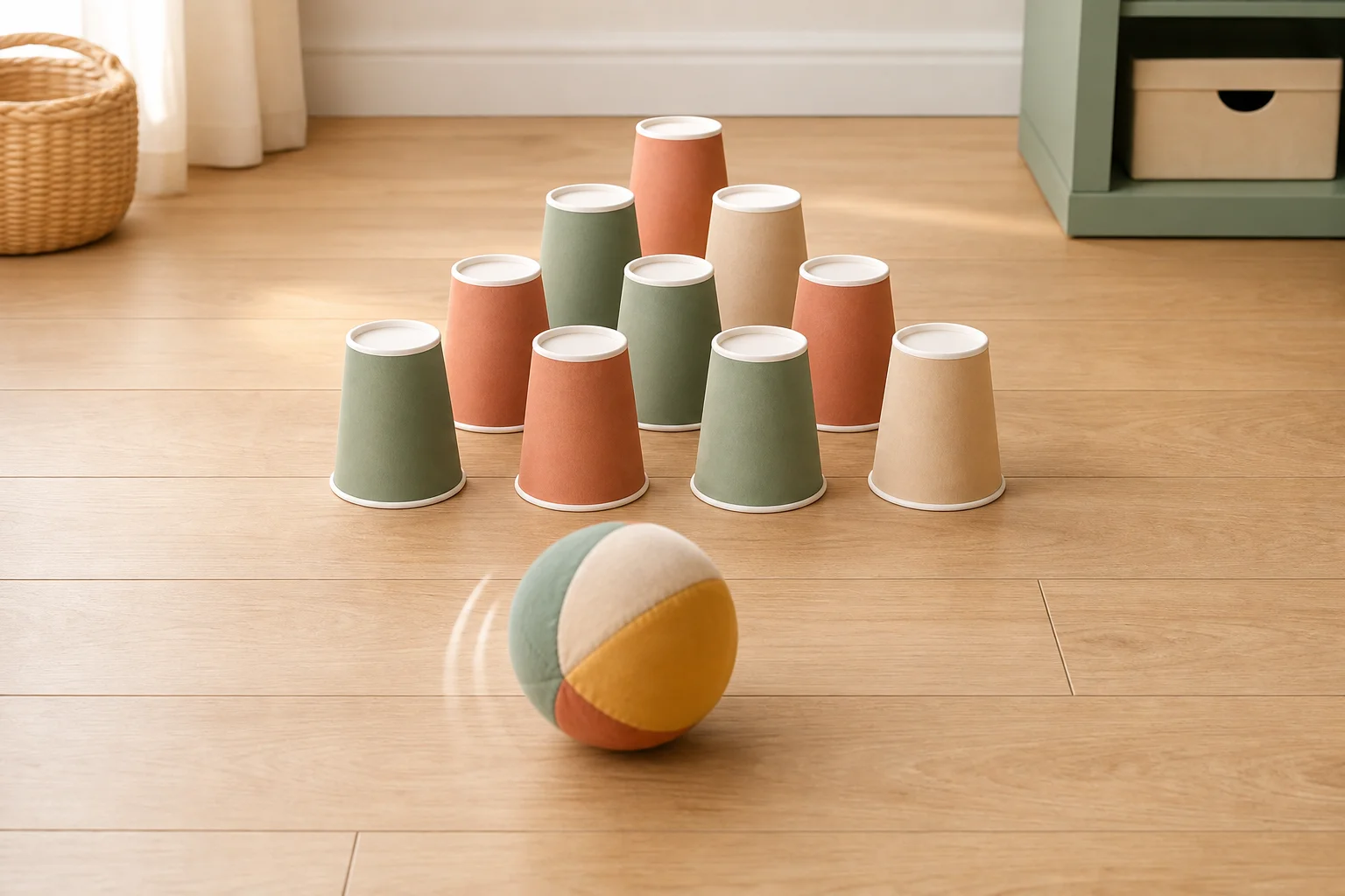 Illustration zur Lomiva-Idee „Becher-Bowling“.