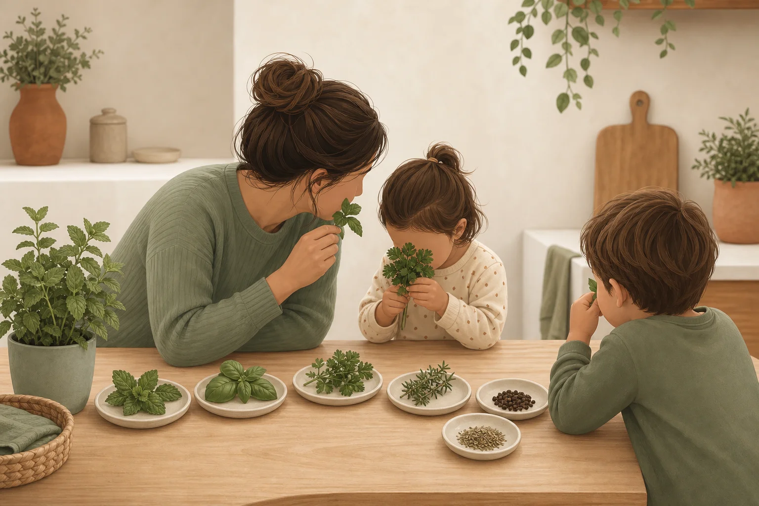 Illustration zur Lomiva-Idee „Küchenkräuter erschnuppern“.
