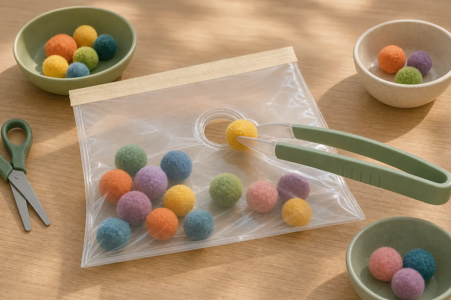 Illustration zur Lomiva-Idee „Pompons zur Öffnung schieben und herausangeln“.