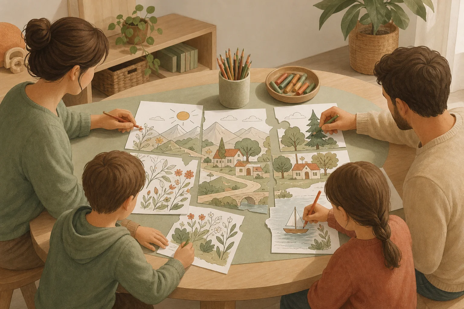 Illustration zur Lomiva-Idee „Gemeinsames Ausmalbild zusammensetzen“.