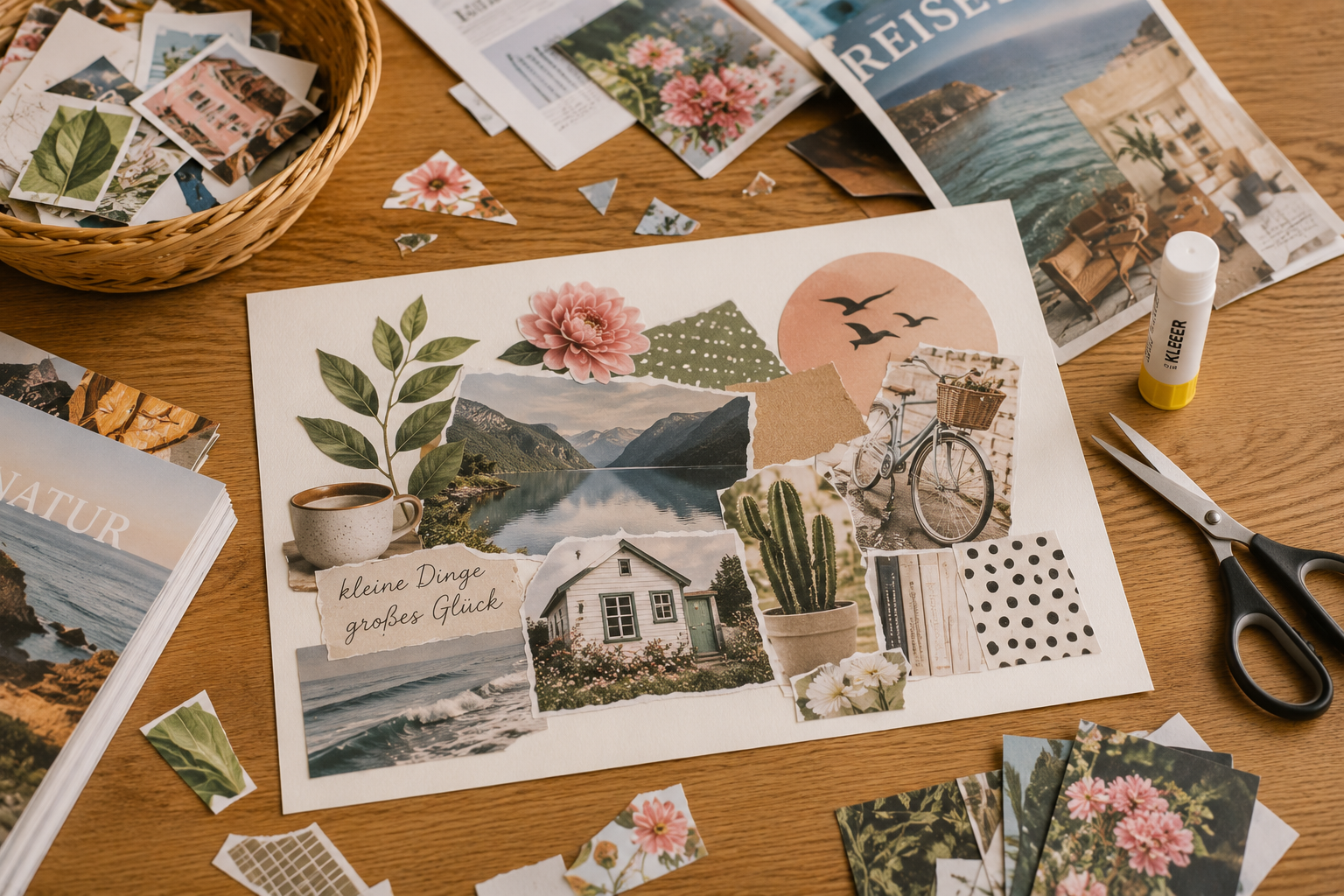 Eine kindgerechte Collage aus ausgeschnittenen Magazinmotiven ohne sichtbare Personen.