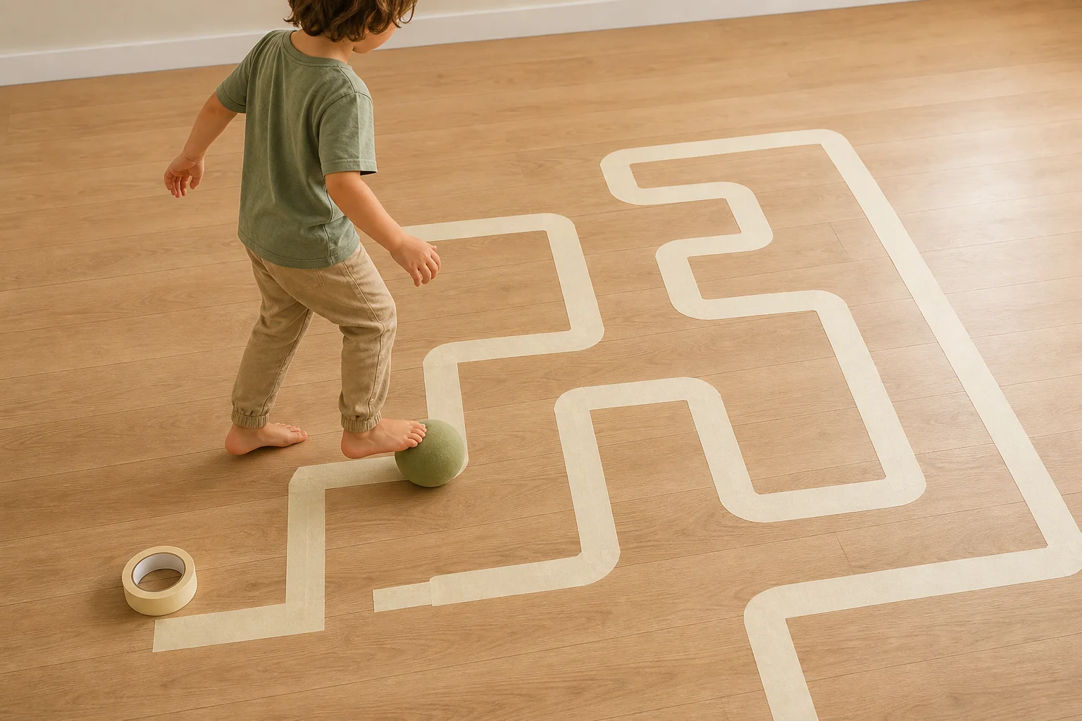 Illustration zur Lomiva-Idee „Ball durchs Klebeband-Labyrinth“.