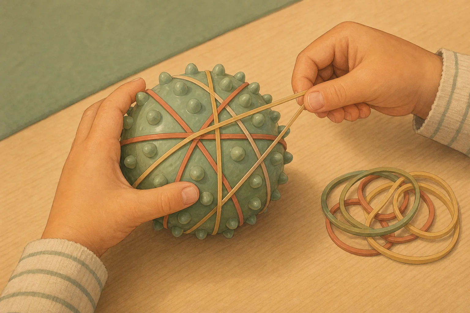 Illustration zur Lomiva-Idee „Gummibänder vom Noppenball lösen“.