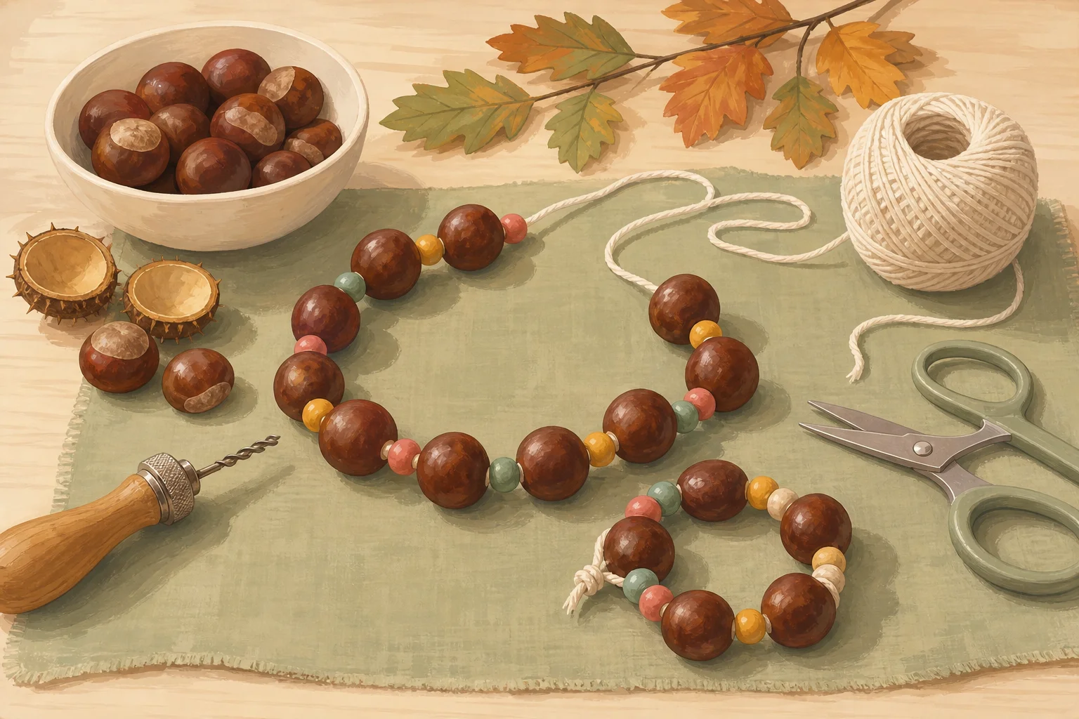 Illustration zur Lomiva-Idee „Kastanienschmuck fädeln“.