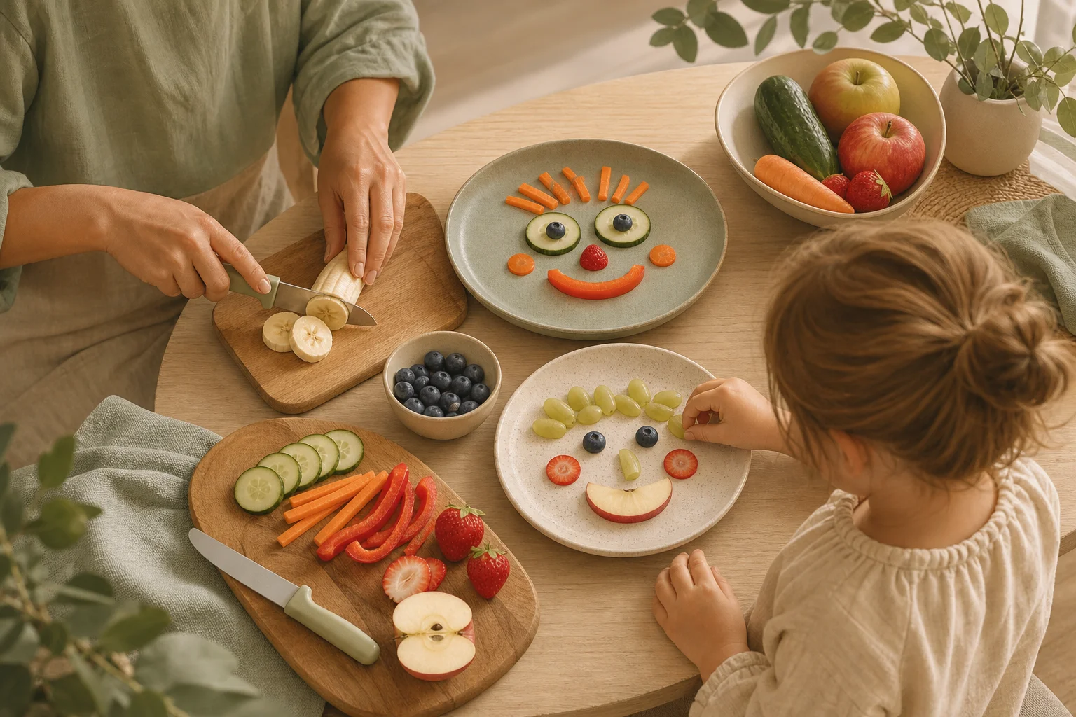 Illustration zur Lomiva-Idee „Snackgesichter gemeinsam legen“.
