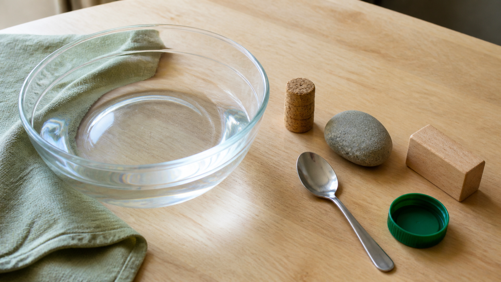 Eine Schale mit Wasser und große sichere Alltagsgegenstände laden zum Schwimmen-und-Sinken-Vergleich ein.