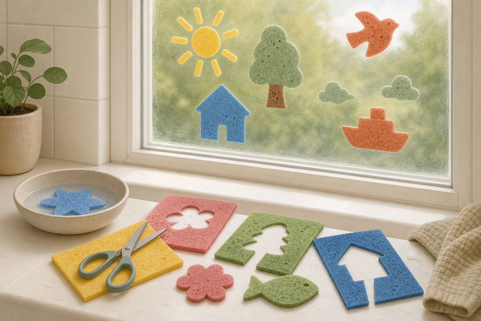 Illustration zur Lomiva-Idee „Fensterbilder aus Schwammtüchern“.