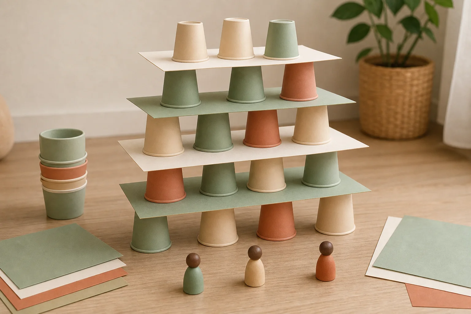 Illustration zur Lomiva-Idee „Becher-Papier-Turm“.