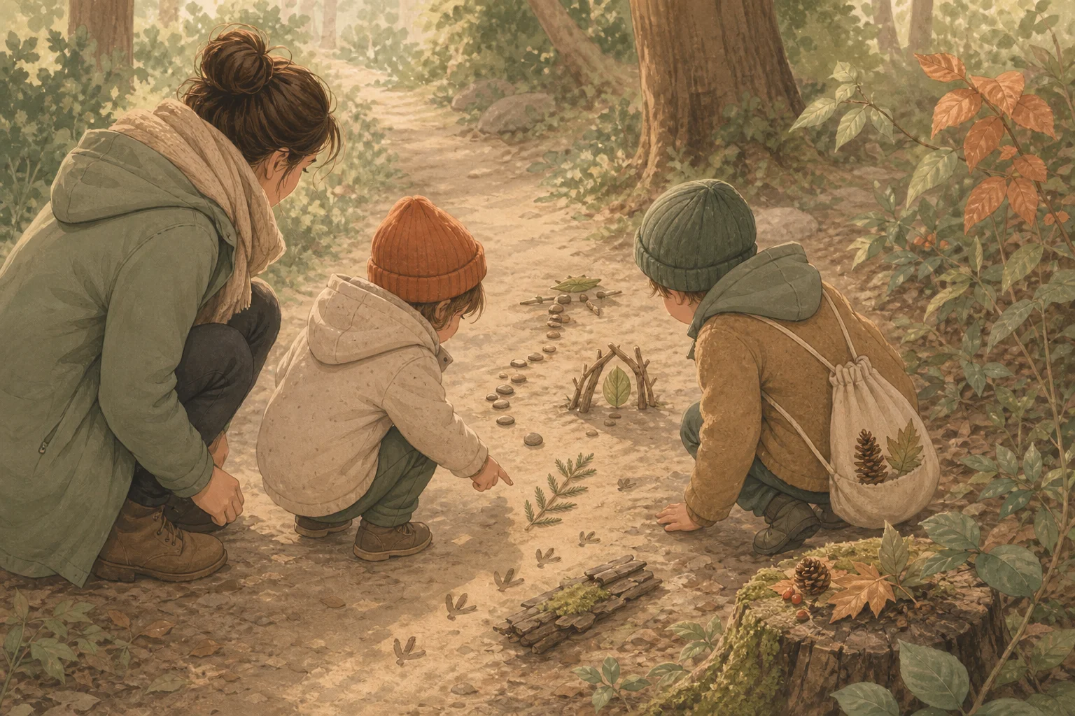 Illustration zur Lomiva-Idee „Waldwichtel-Spuren suchen“.