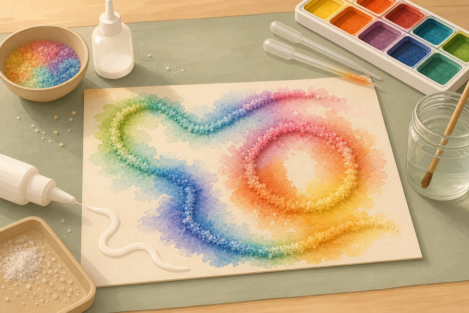 Illustration zur Lomiva-Idee „Salzbilder mit Wasserfarbe“.