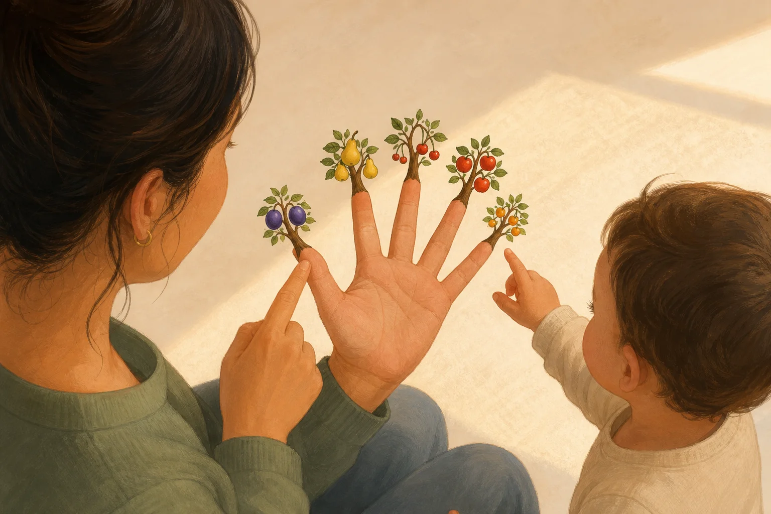 Illustration zur Lomiva-Idee „Fünf Bäume in unserem Garten“.