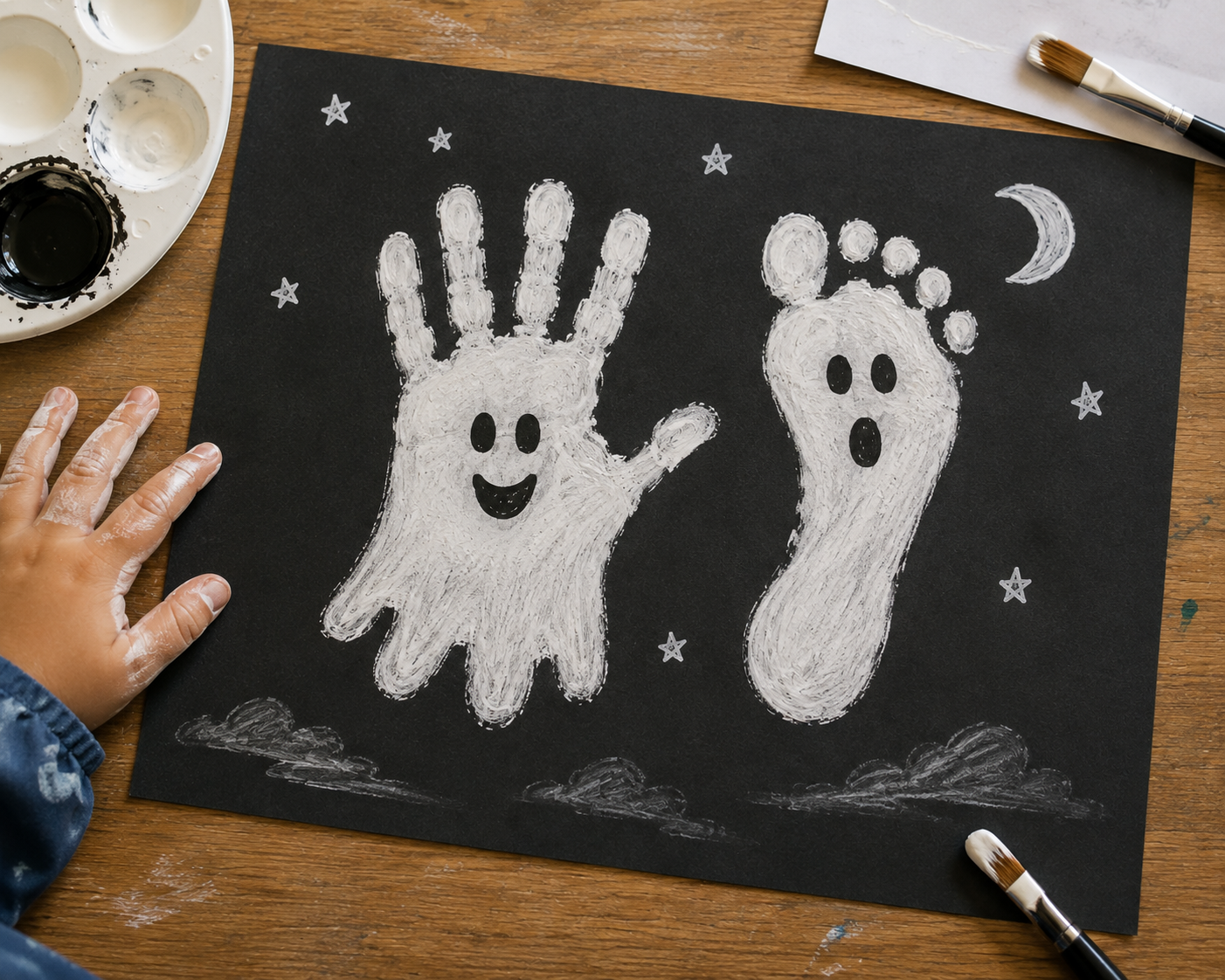Weiße Hand- und Fußabdrücke als freundliche Geisterspuren auf dunklem Papier.