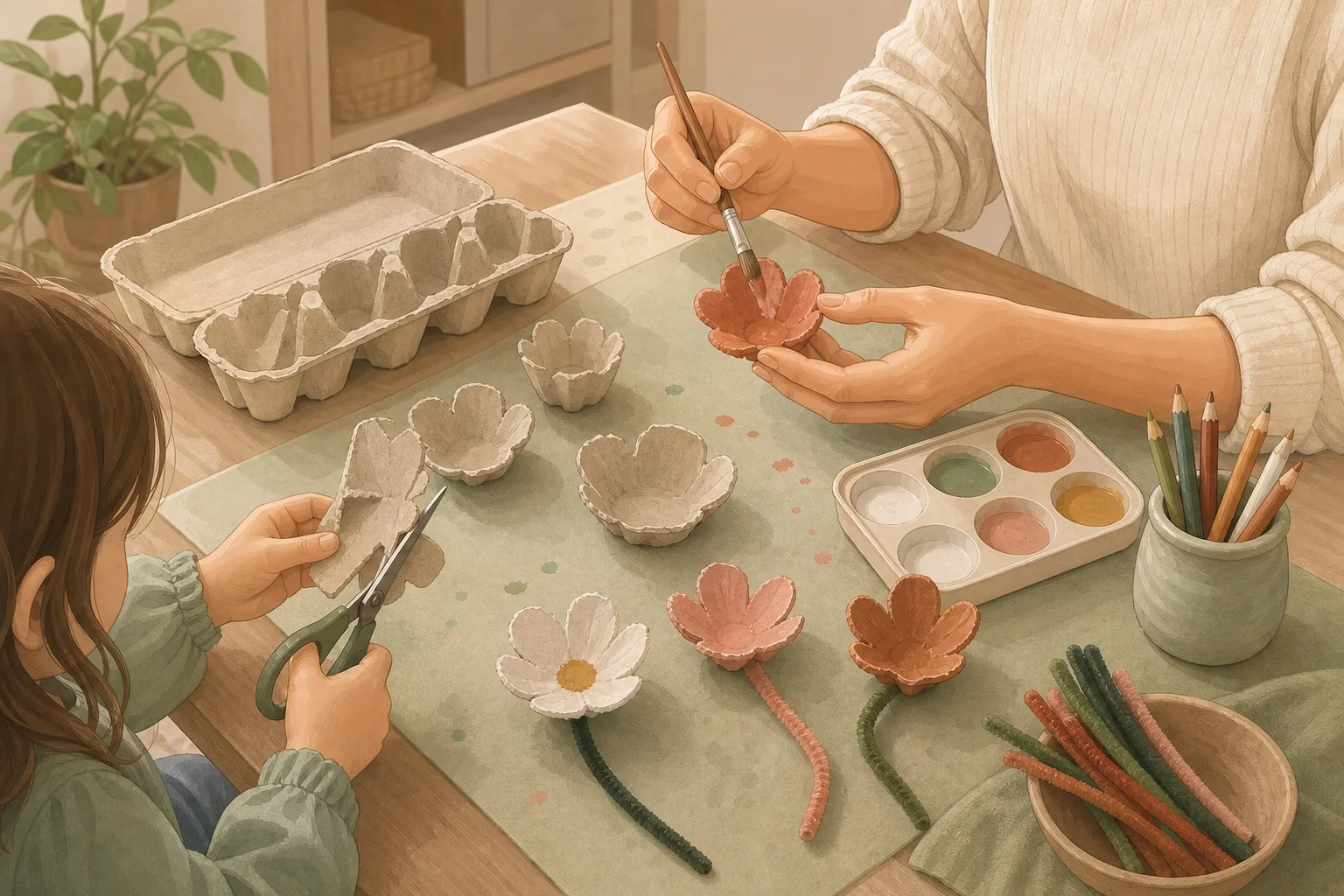 Illustration zur Lomiva-Idee „Eierkarton-Blumen“.