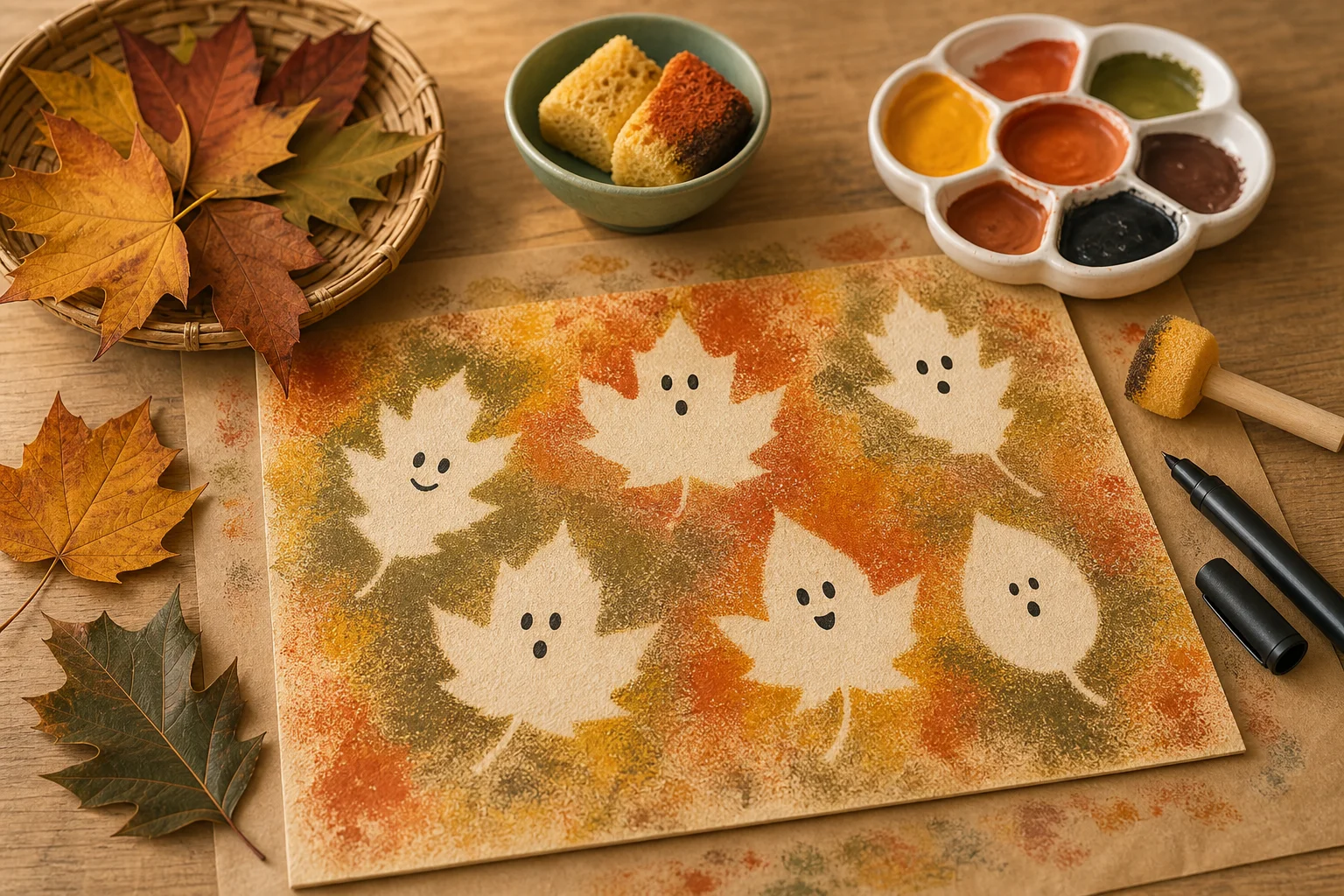 Illustration zur Lomiva-Idee „Herbstgeister mit Blattschablonen“.