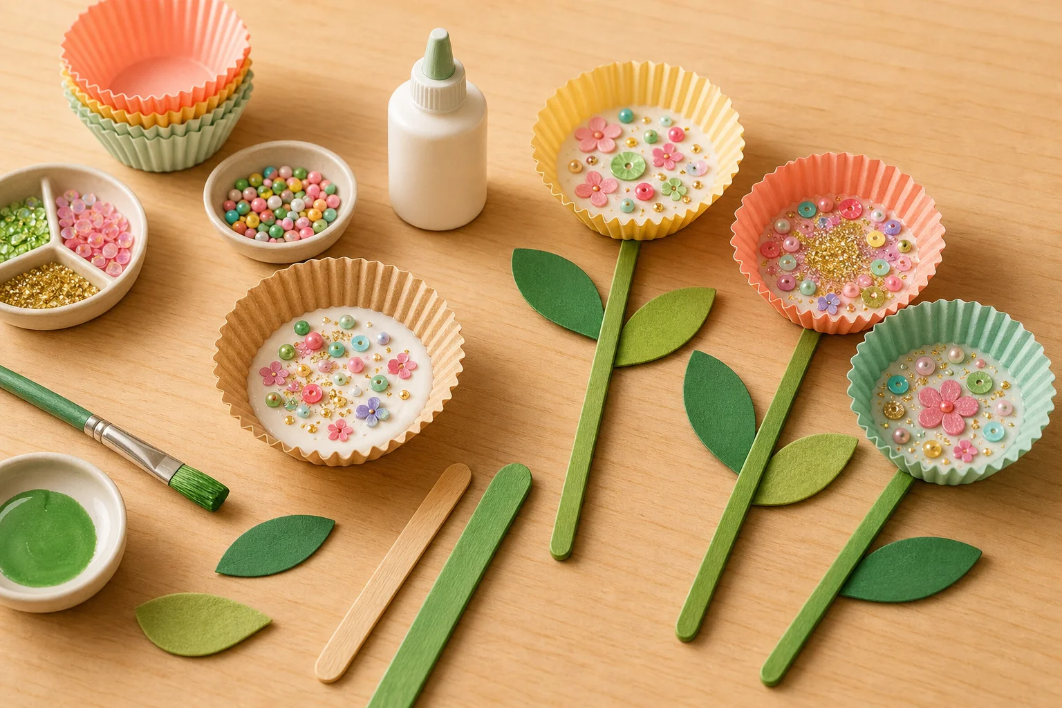 Illustration zur Lomiva-Idee „Frühlingsblumen aus Muffinförmchen“.