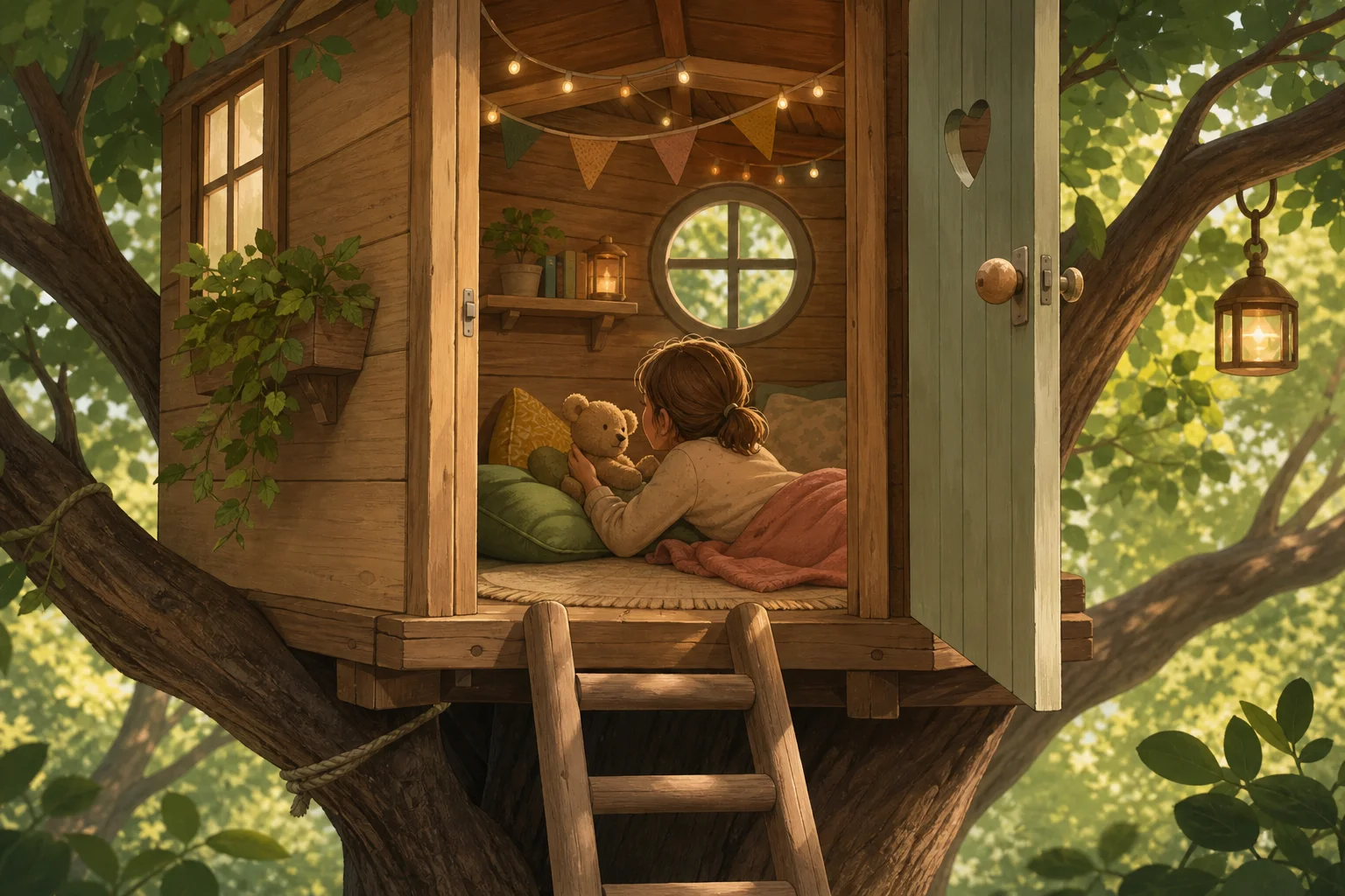 Illustration zur Lomiva-Idee „Das gemütliche Baumhaus“.