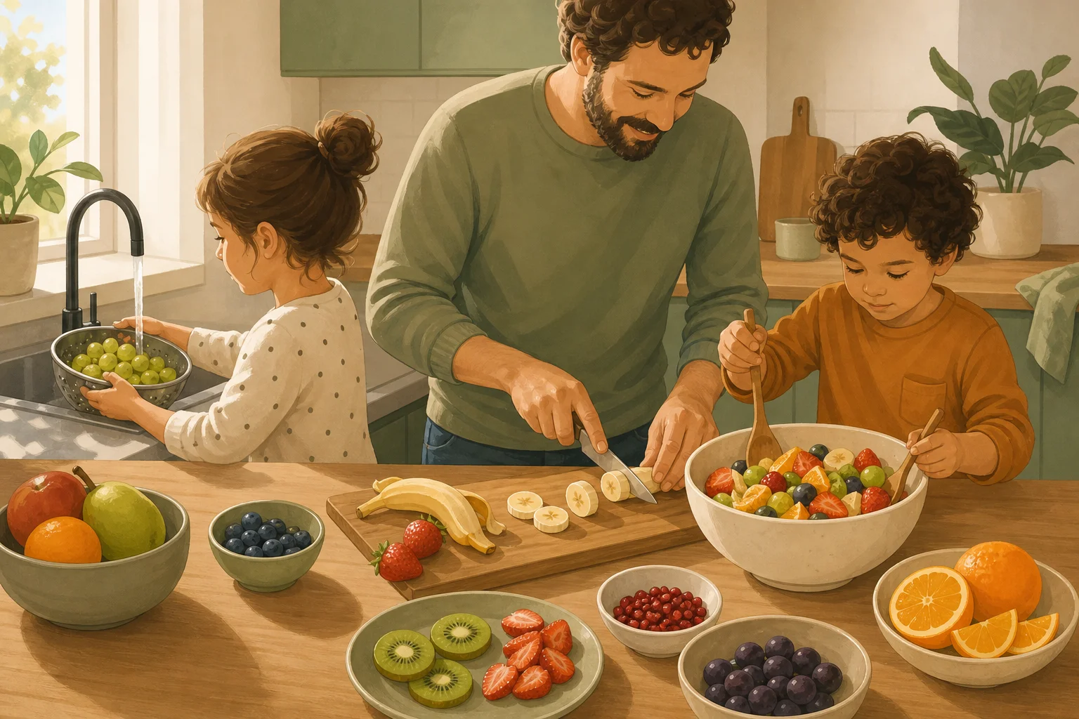Illustration zur Lomiva-Idee „Obstsalat gemeinsam zubereiten“.