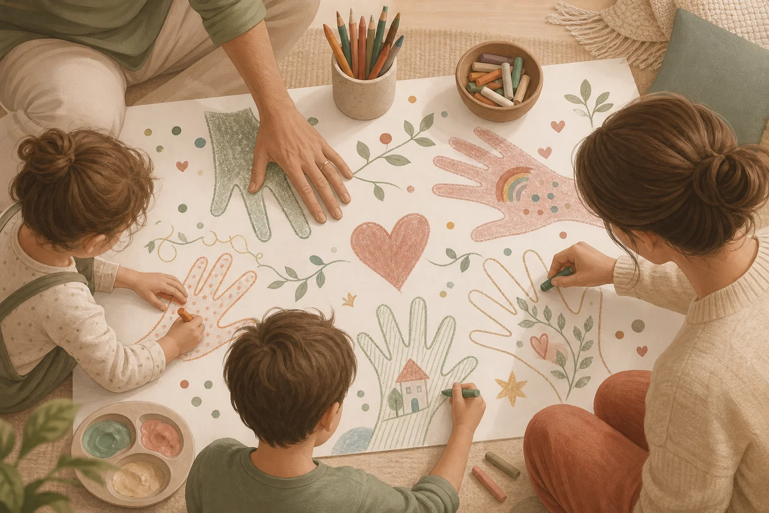 Illustration zur Lomiva-Idee „Unser Familienbild Hand in Hand“.