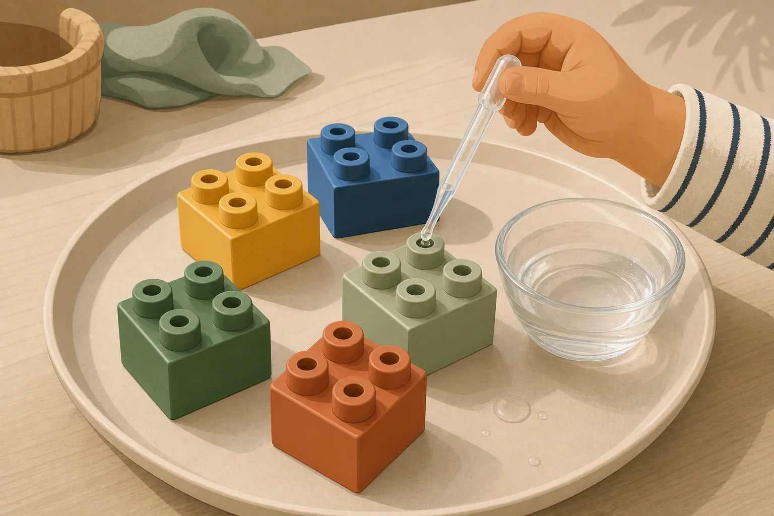 Illustration zur Lomiva-Idee „Wassertropfen auf Noppenbausteine“.