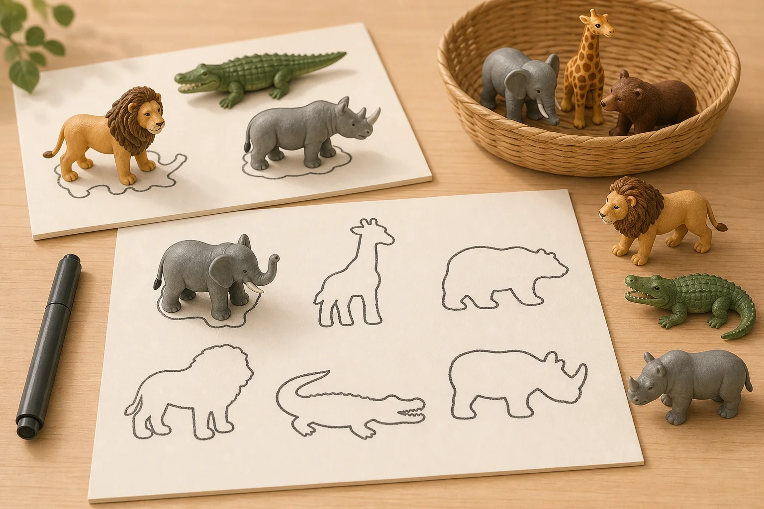 Illustration zur Lomiva-Idee „Tierfiguren ihren Umrissen zuordnen“.