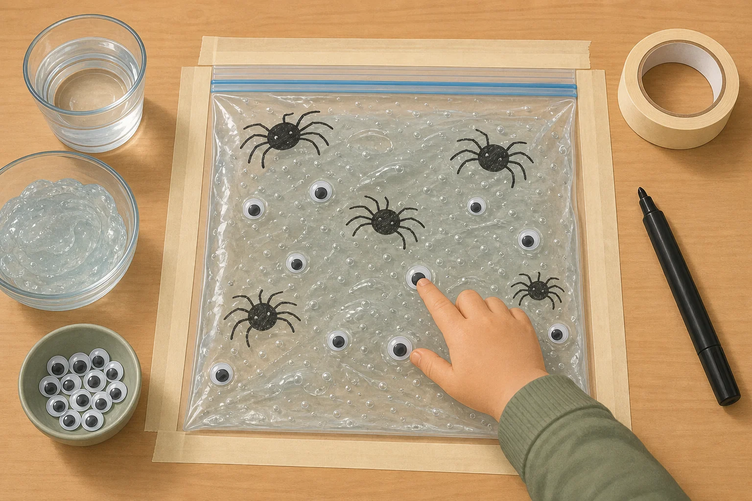 Illustration zur Lomiva-Idee „Spinnen-Sensory-Bag“.