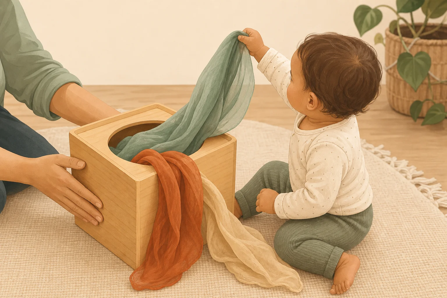 Illustration zur Lomiva-Idee „Tücher aus der Fühlbox ziehen“.