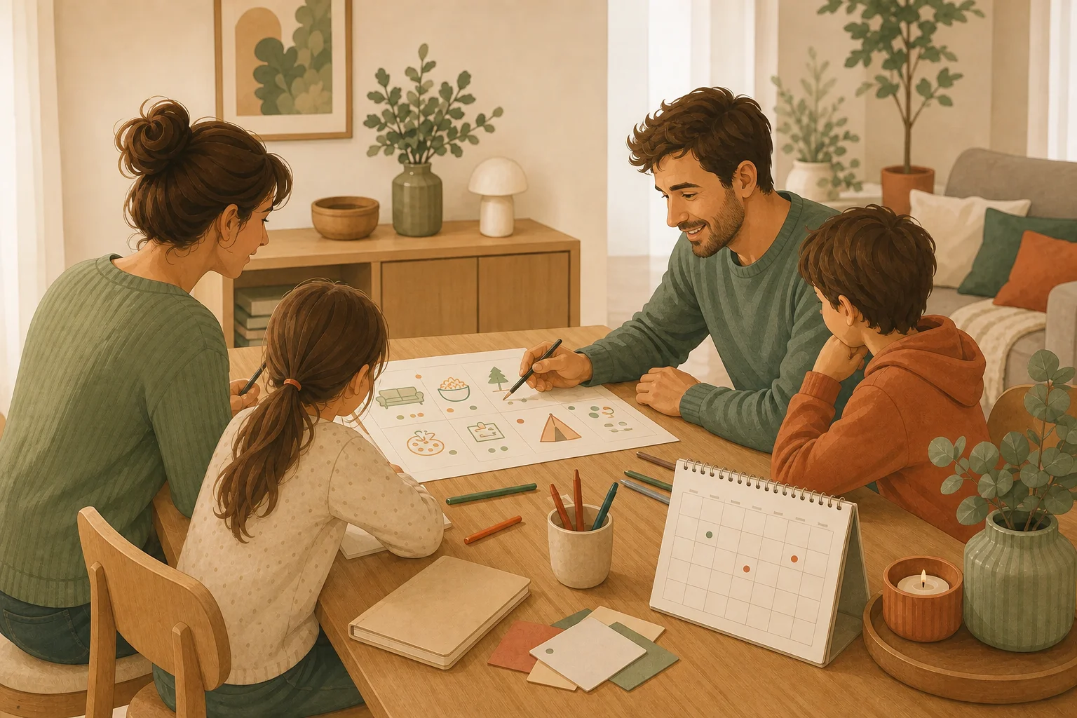 Illustration zur Lomiva-Idee „Familienabend gemeinsam planen“.