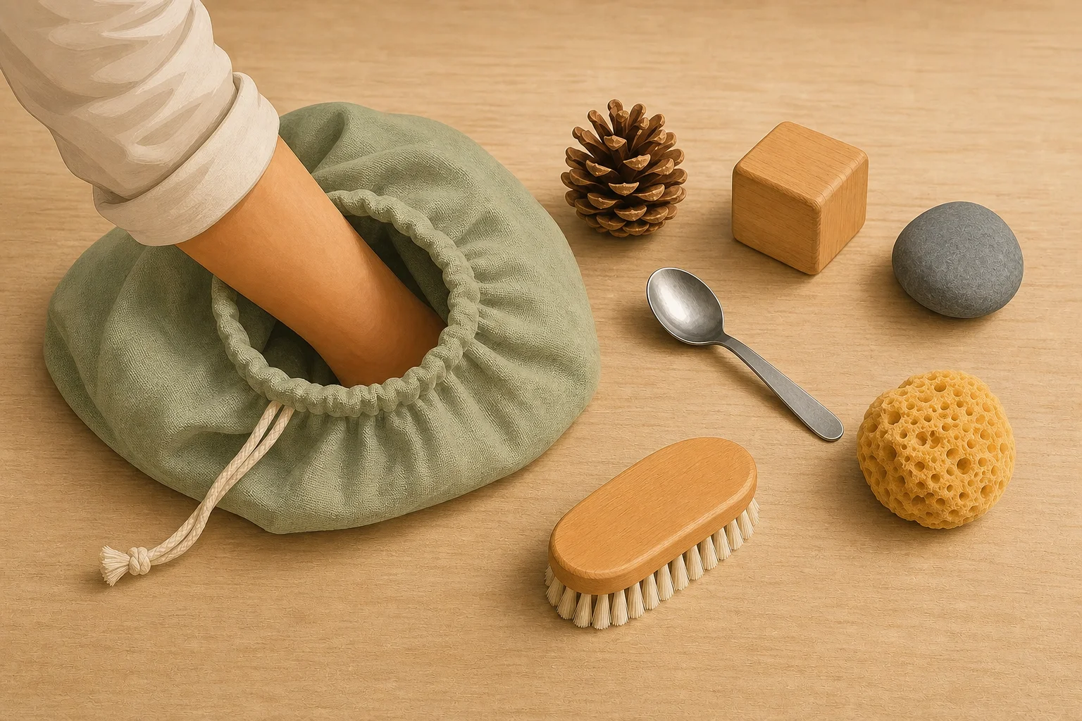 Illustration zur Lomiva-Idee „Fühlbeutel erraten“.