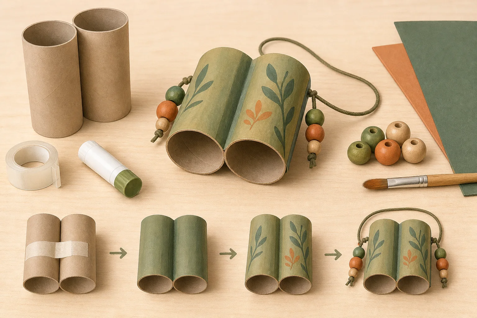 Illustration zur Lomiva-Idee „Fernglas aus Toilettenpapierrollen“.