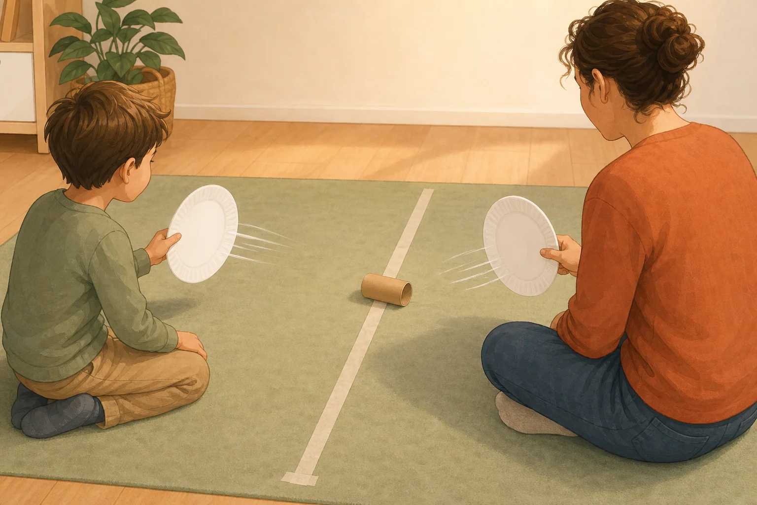 Illustration zur Lomiva-Idee „Papprolle über die Linie pusten“.