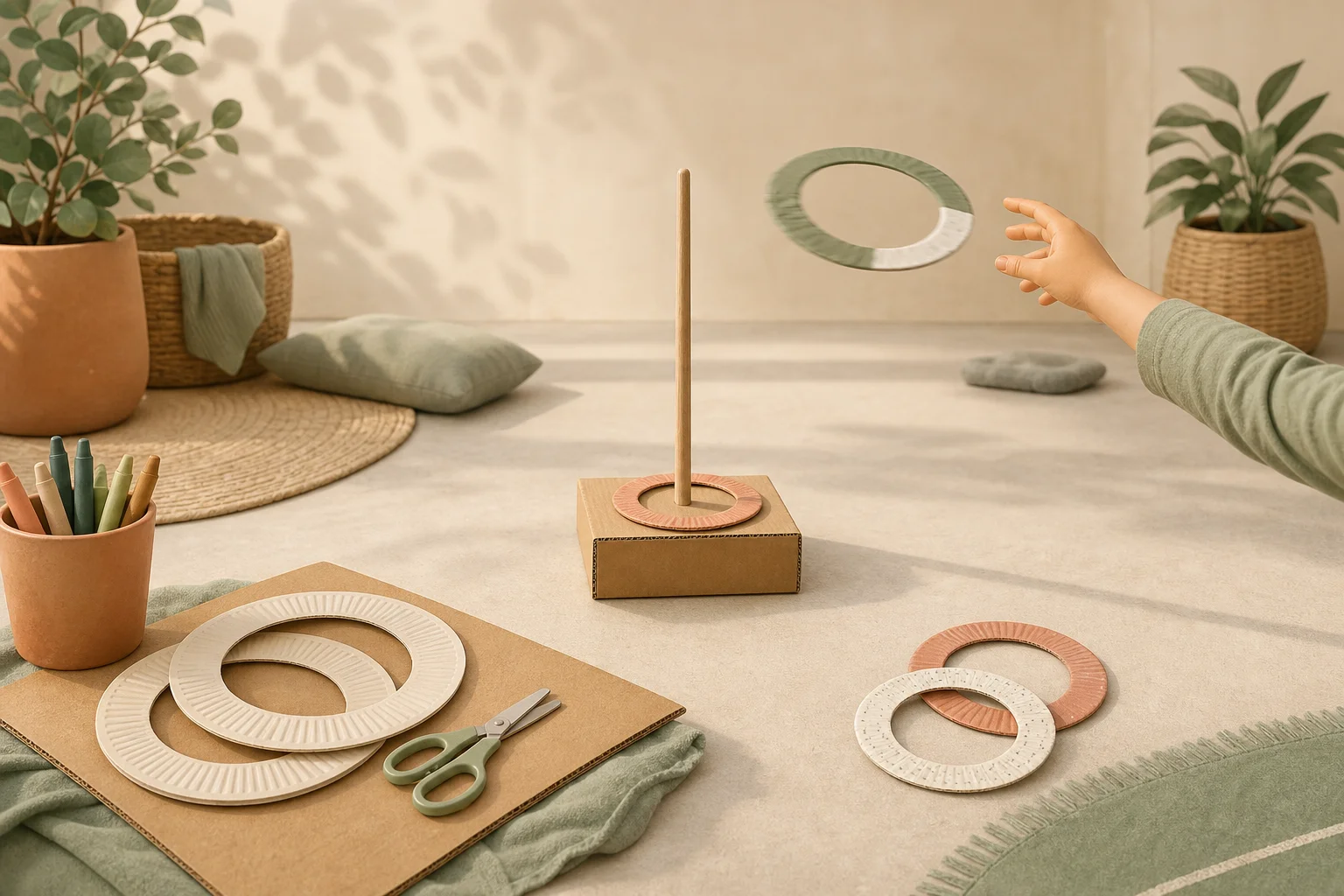 Illustration zur Lomiva-Idee „Ringwurf mit Papptellern“.
