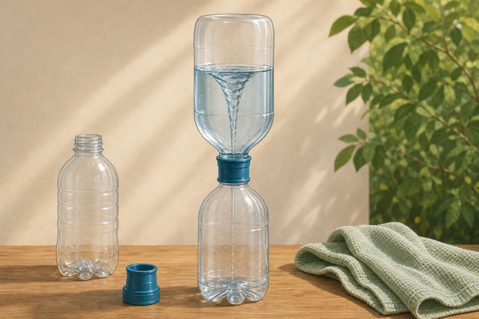 Illustration zur Lomiva-Idee „Wasserwirbel in zwei Flaschen“.
