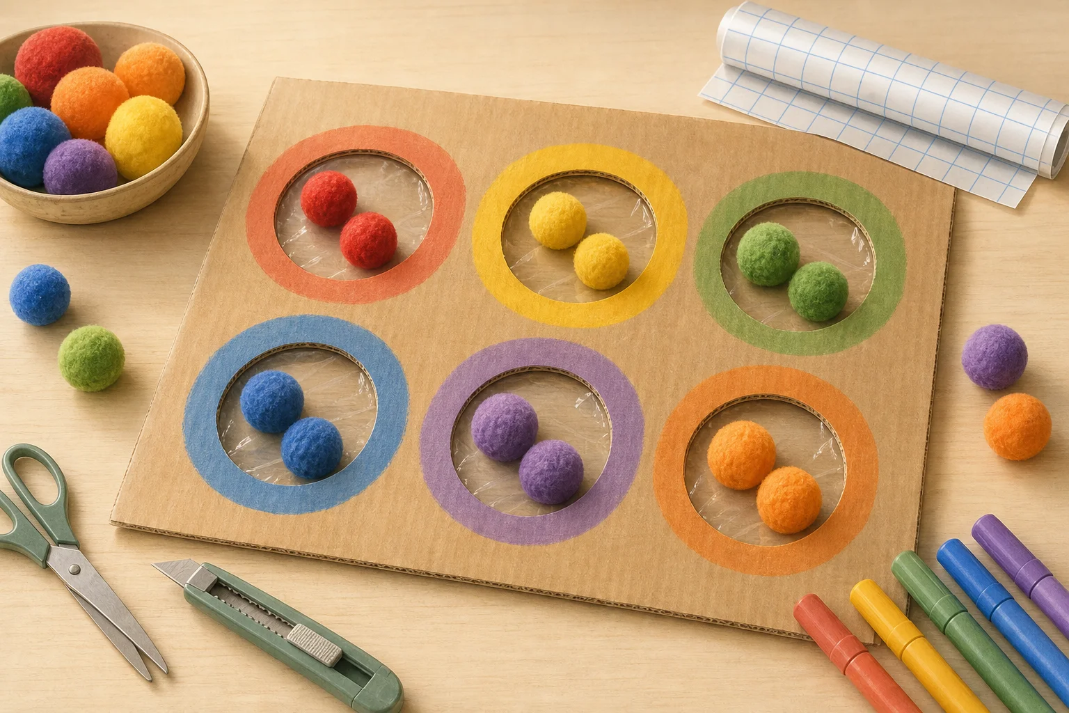Illustration zur Lomiva-Idee „Pompons durch Farblöcher sortieren“.